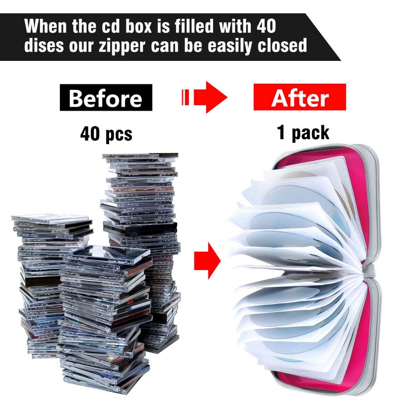 Siveit CD Case, 40 Capacity CD/DVD Case Holders Wallet Hard Plastic DVD Disc Cases Storage Binder for Car Home Office Travel (Hot Pink) - Image 4